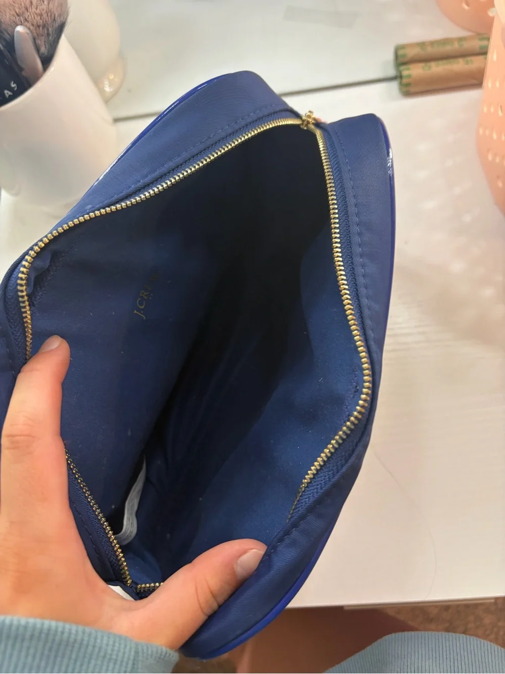 J Crew Navy Cosmetic Bag with Pink Charm Patches